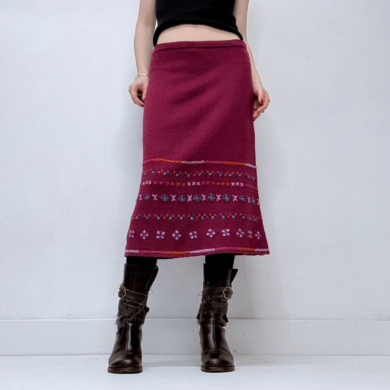 Pink hippie knitted embroidered midi skirt