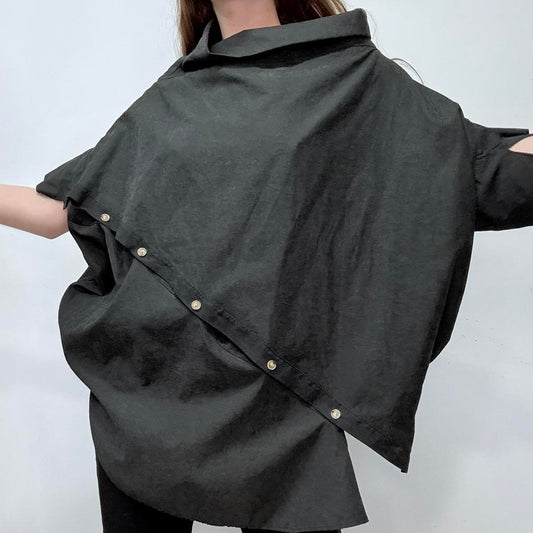 Black structured studded draped asymmetric shirt