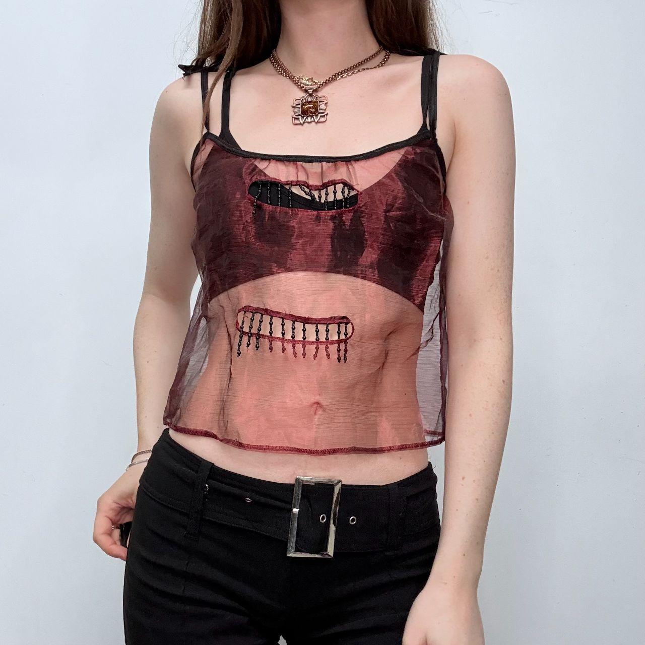 Sheer red beaded tassel fray vest
