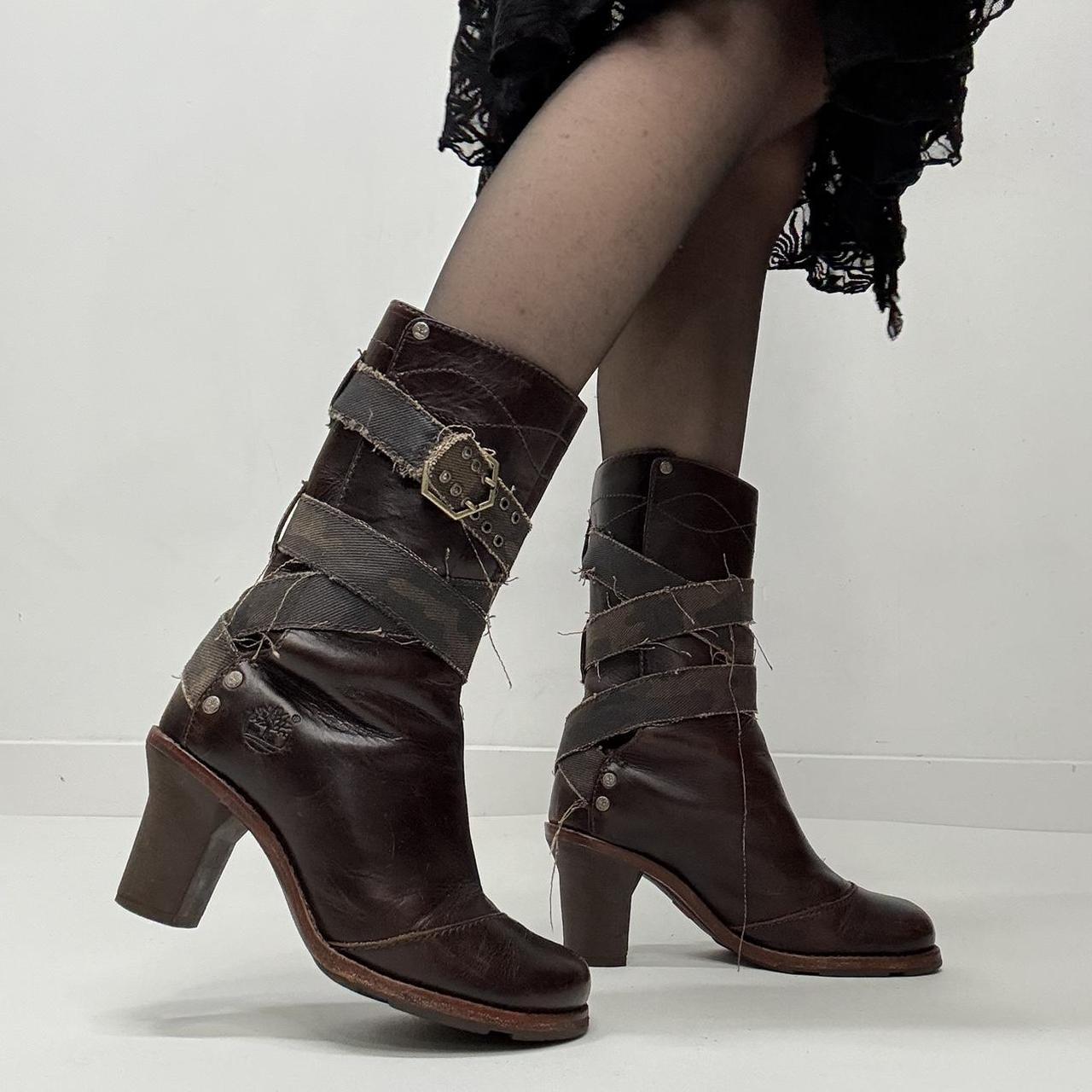 Brown leather distressed wrap grunge boots