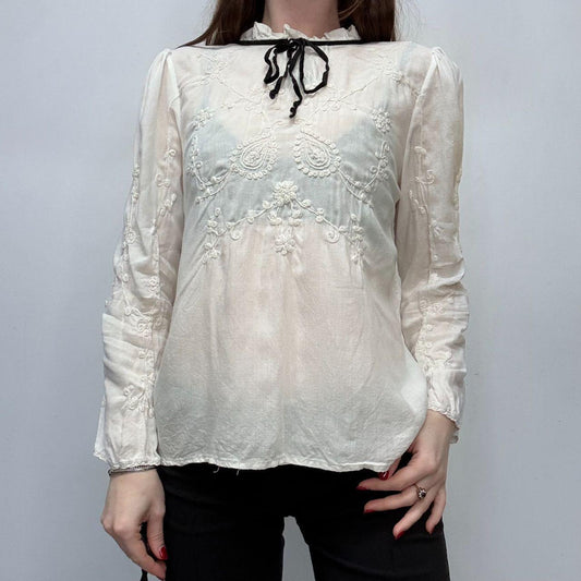 White embroidered high neck coquette shirt