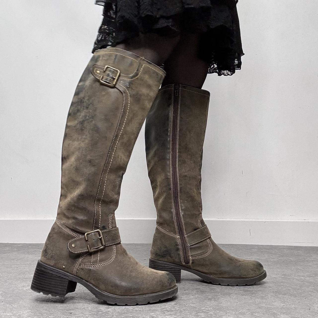 Distressed khaki leather knee high boots