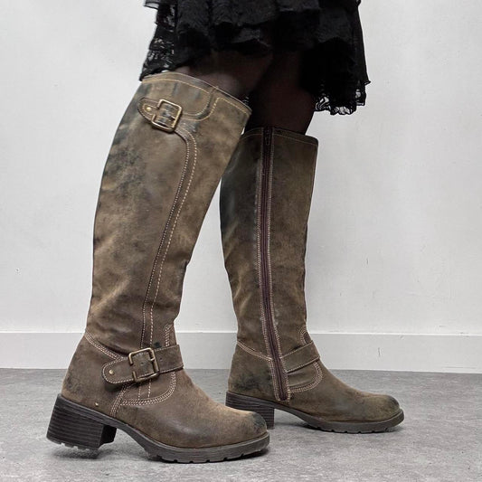 Distressed khaki leather knee high boots