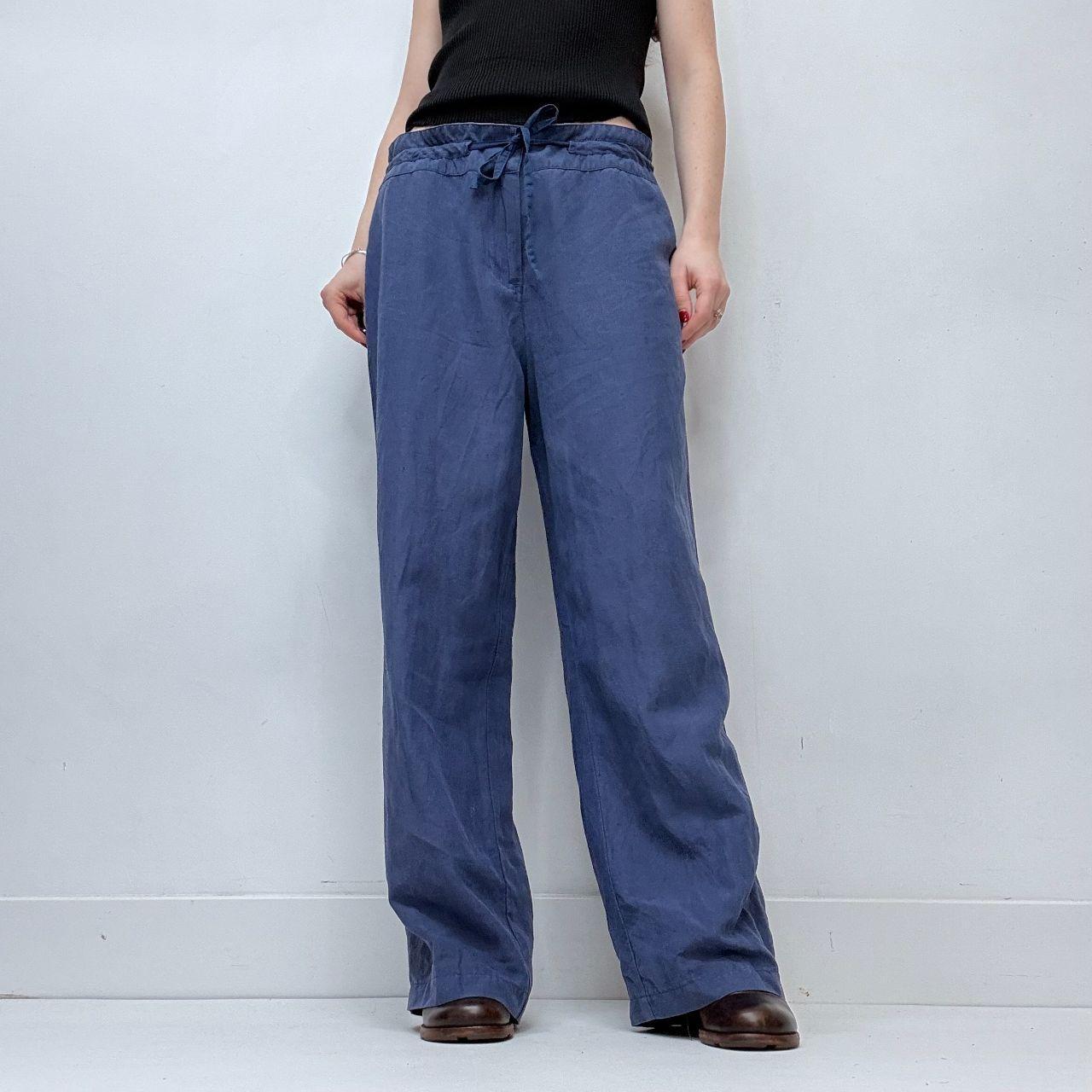 Blue wide-leg linen silk drawstring trousers