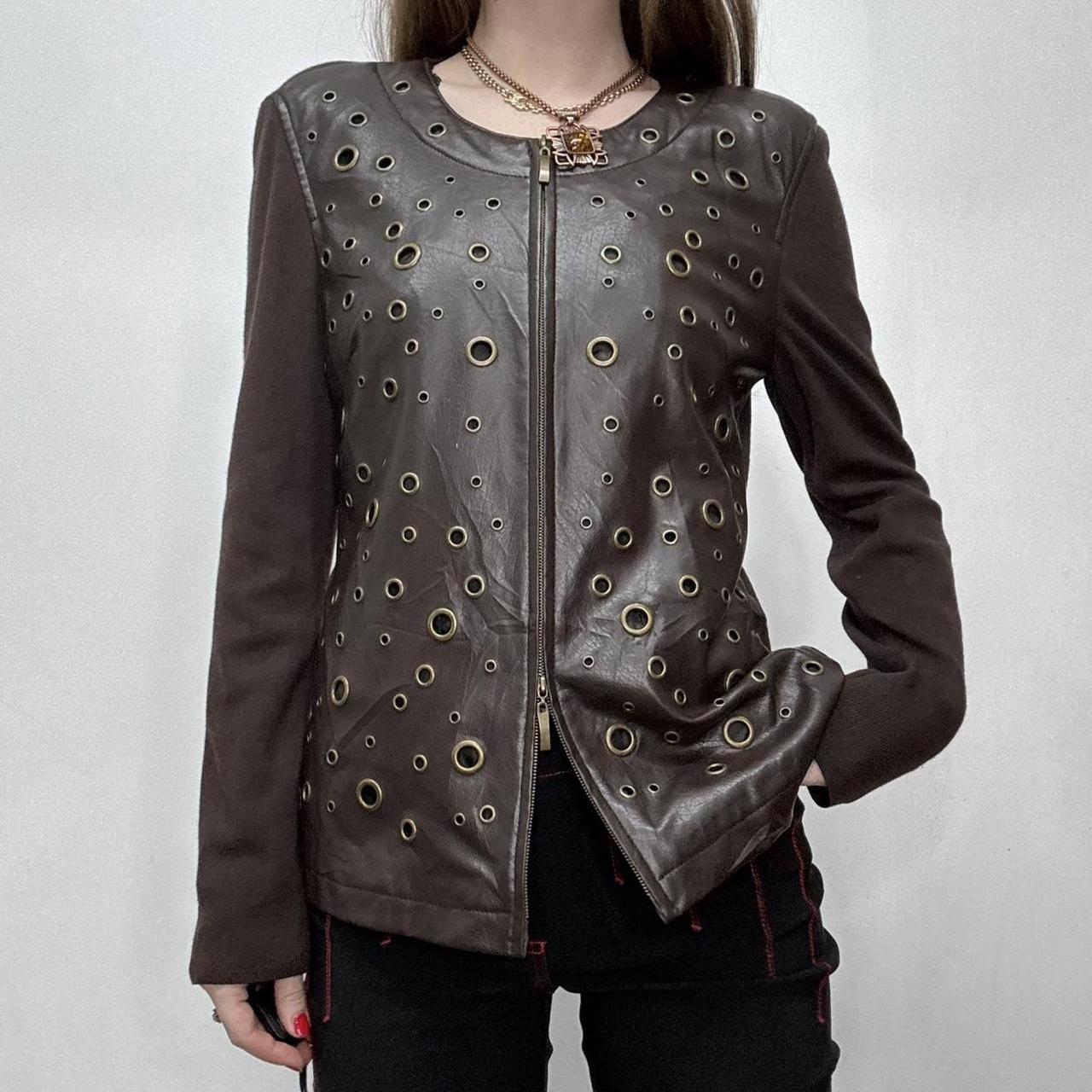 Brown studded eyelet leather jacket