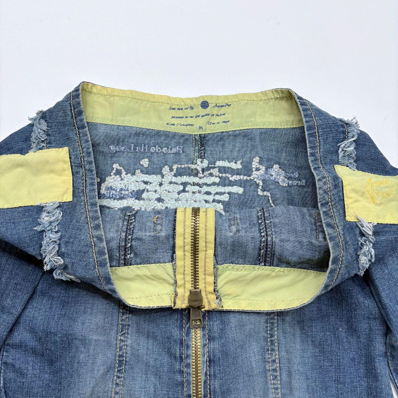 Distressed denim off the shoulder utility jacket