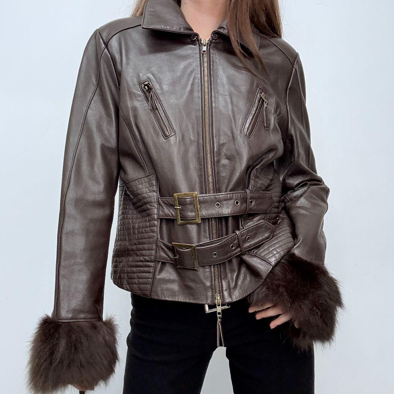 Brown leather flared buckle jacket