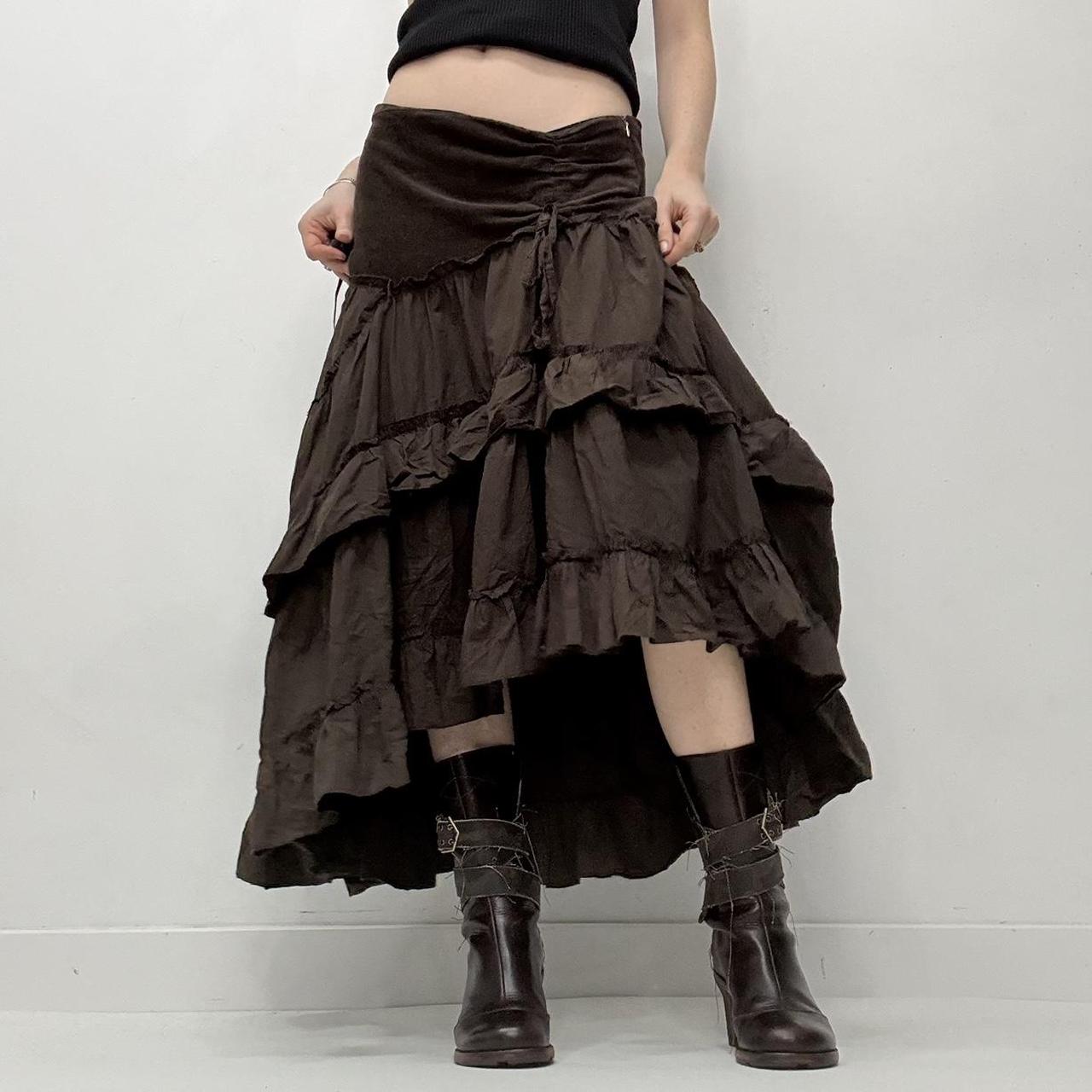 Brown tiered asymmetric maxi skirt