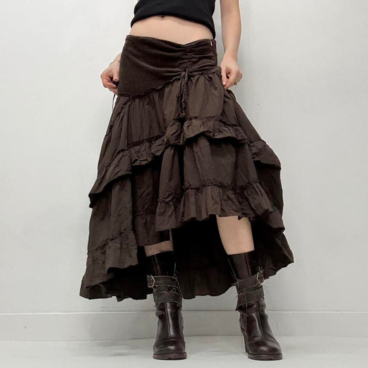 Brown tiered asymmetric maxi skirt