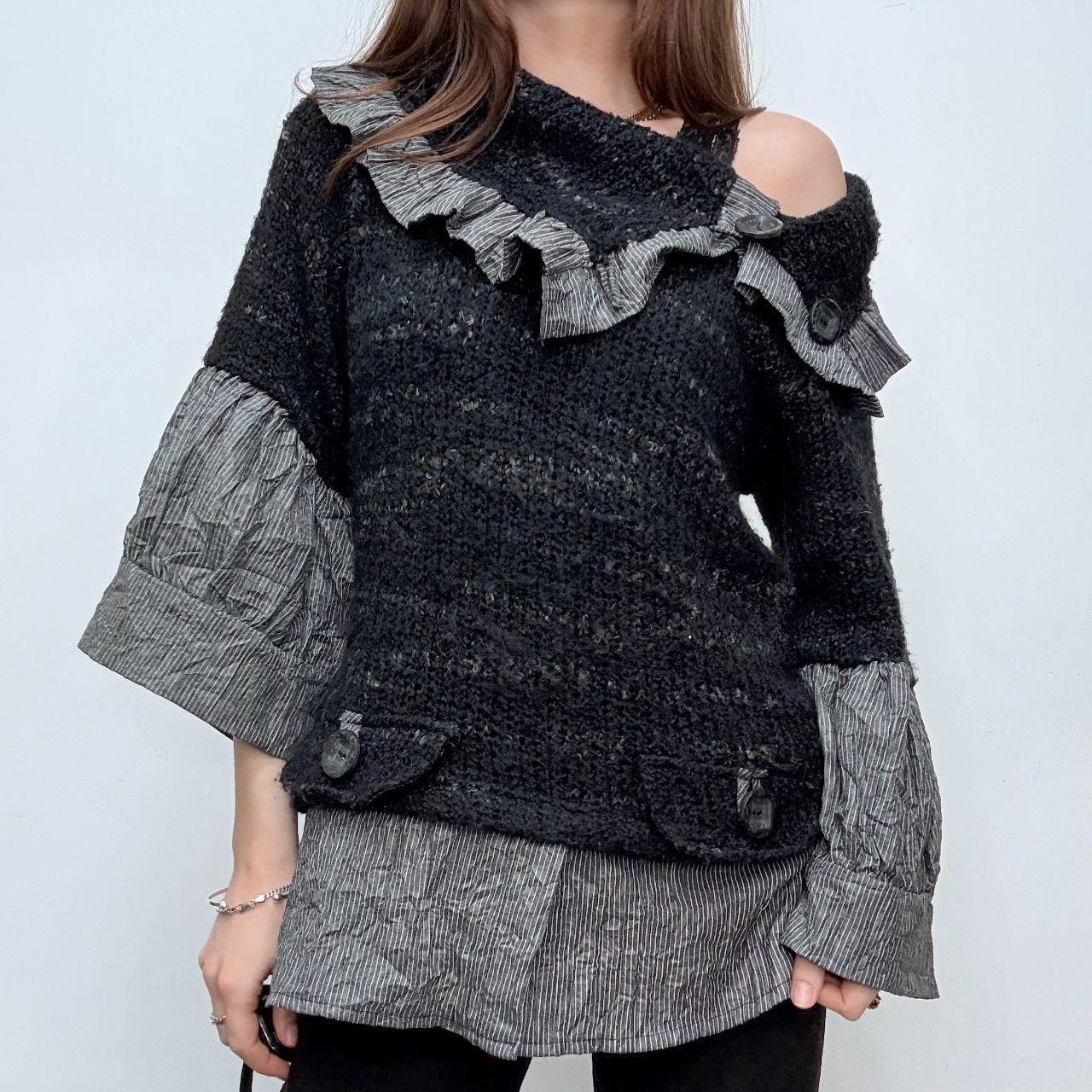Black pinstripe flared puff slouchy shirt