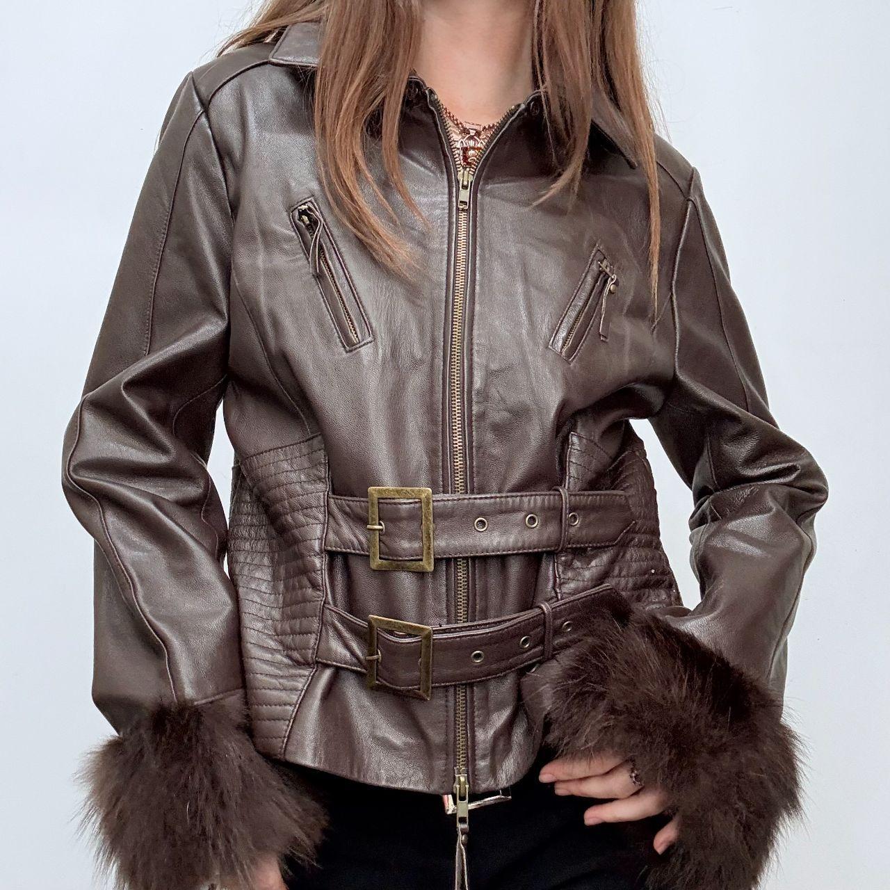 Brown leather flared buckle jacket