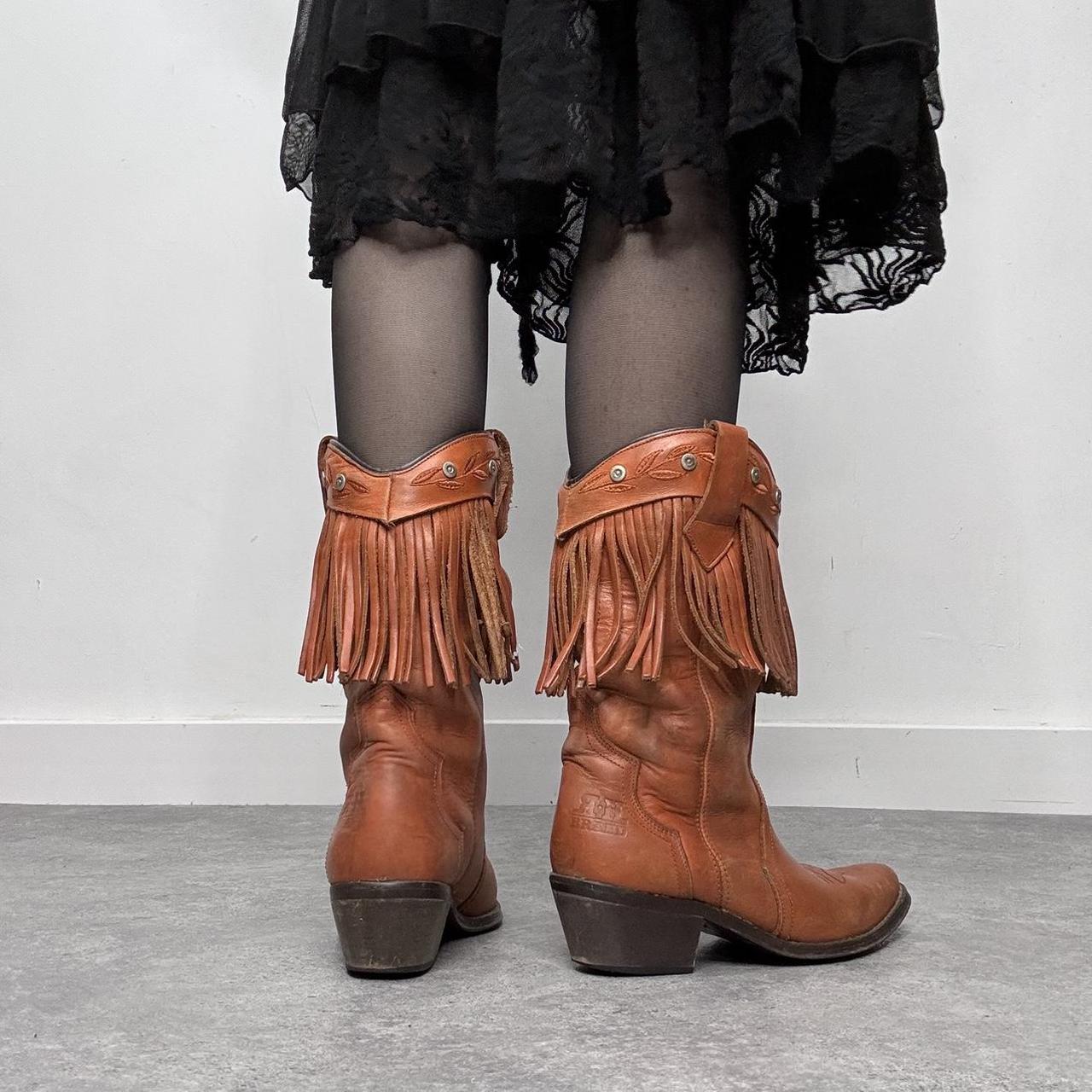 Tan leather fringe cowboy boots