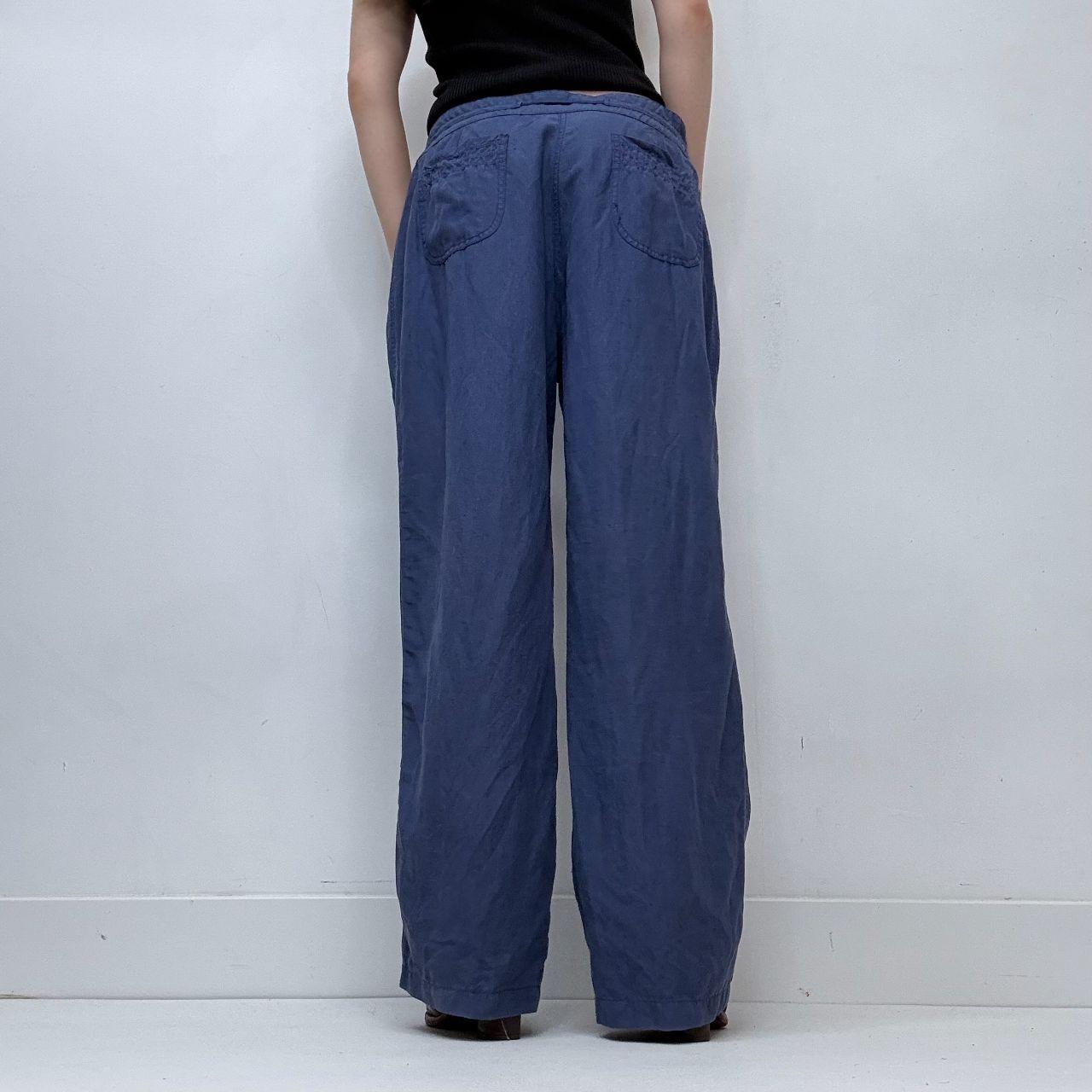 Blue wide-leg linen silk drawstring trousers