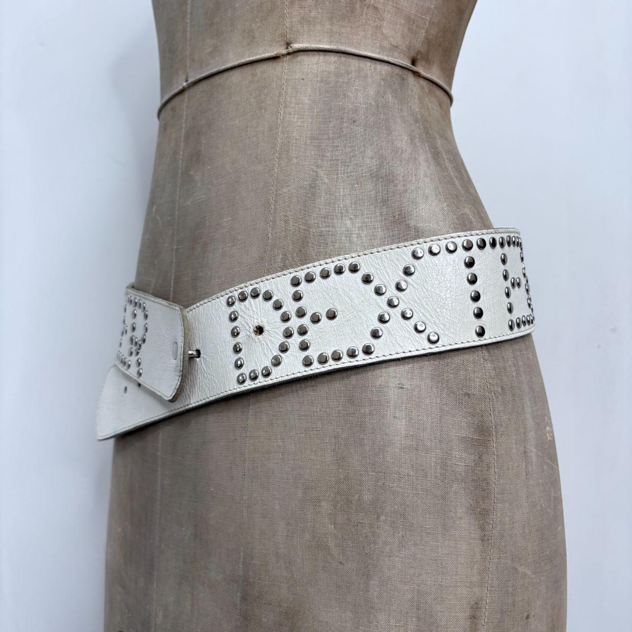 White leather studded spellout belt
