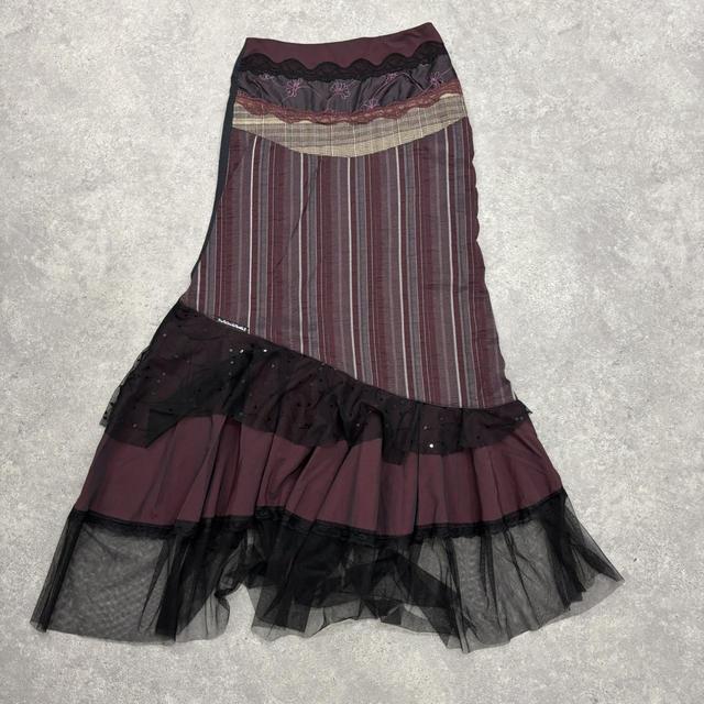 Grunge layered patchwork pinstripe maxi skirt