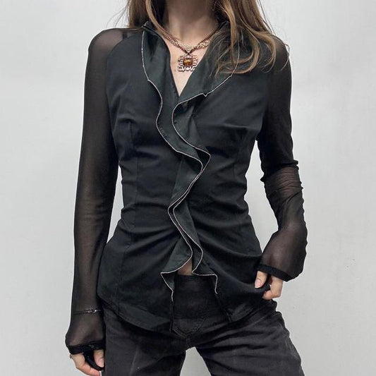 Black ruffle flared shirt