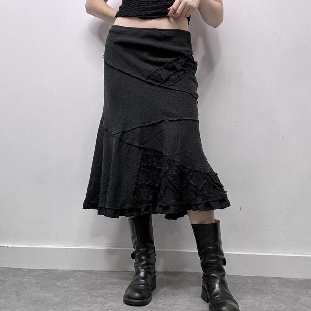 Grey wool tweed flared lace midi skirt