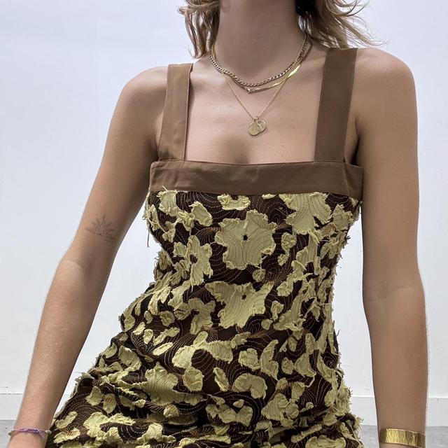 Brown flower distressed frayed midi dress