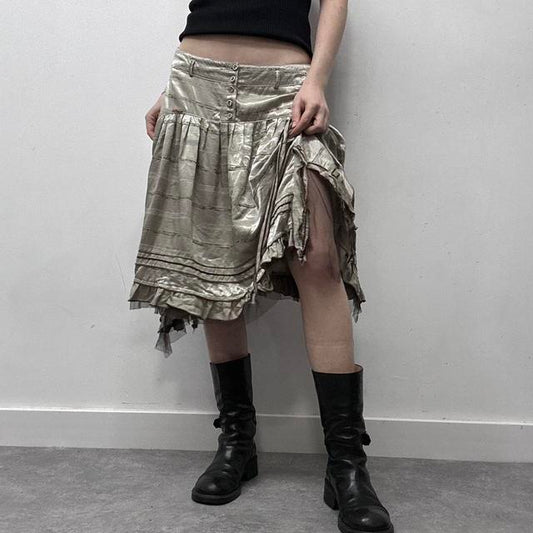 Pinstripe ruffle satin midi skirt