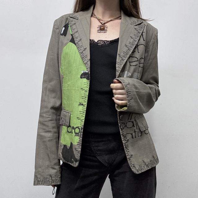 Khaki pinstripe graphic printed blazer jacket