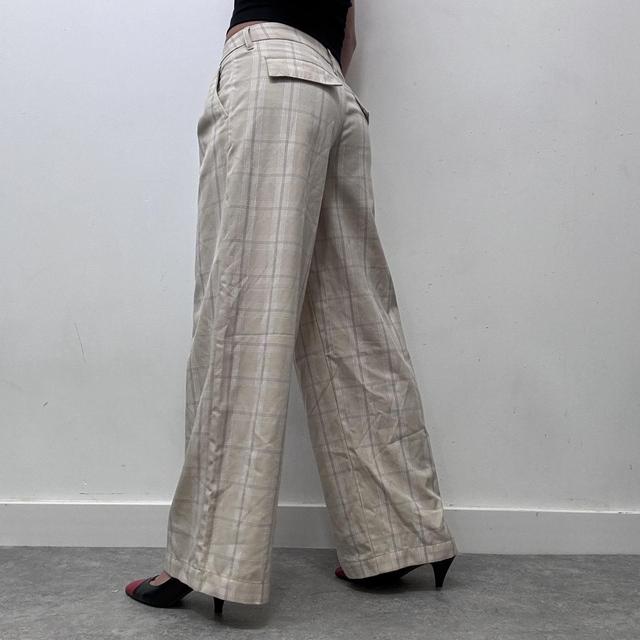 Beige flared wide leg checked suit trousers