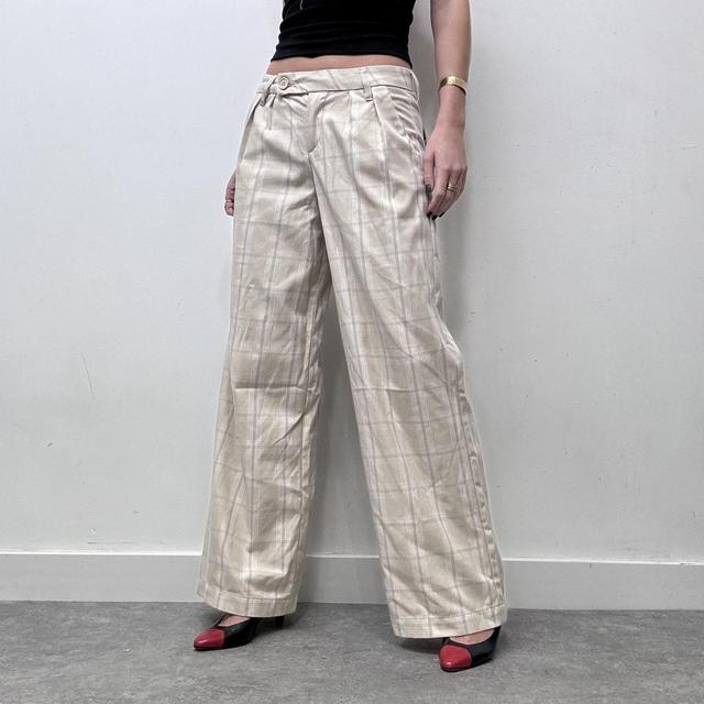 Beige flared wide leg checked suit trousers