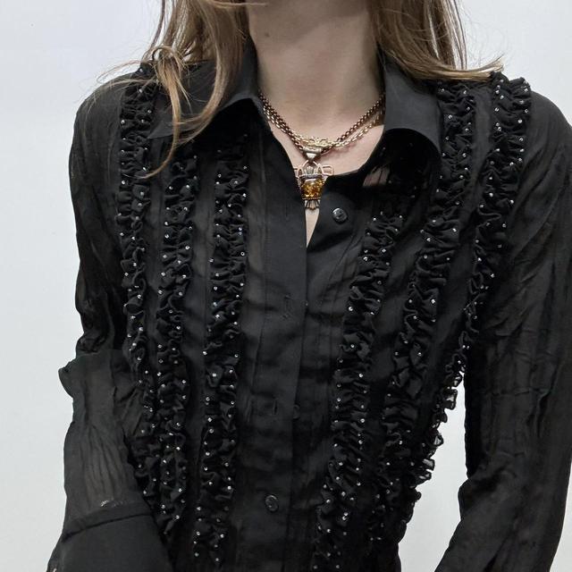 Sheer crinkle flared black gothic shirt