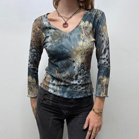 Sheer blue micro mesh paisley top