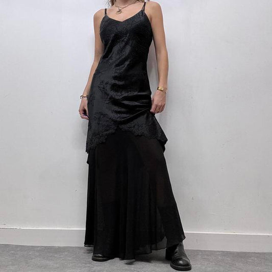 Black satin layered maxi dress