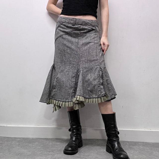 Flared grey tweed archival asymmetric midi skirt