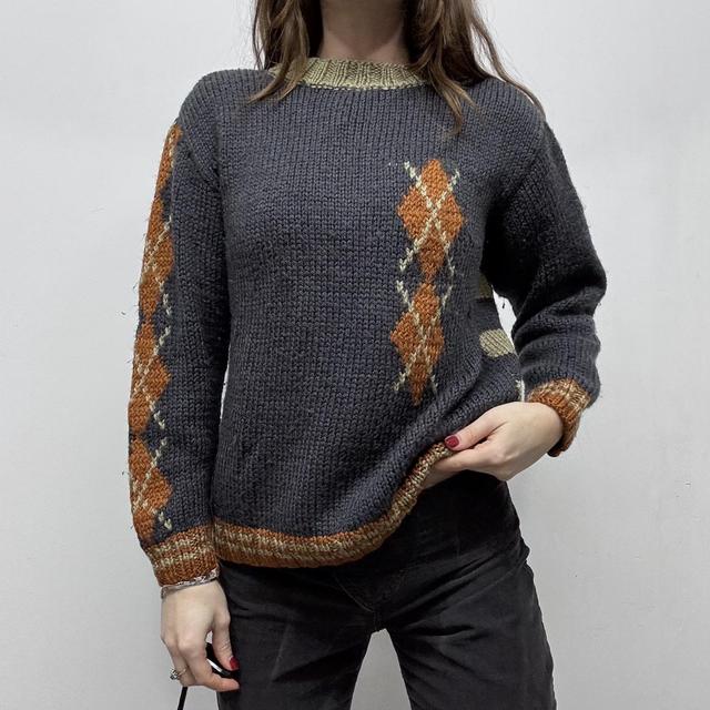 Oversized slouchy knit argyle striped jumper