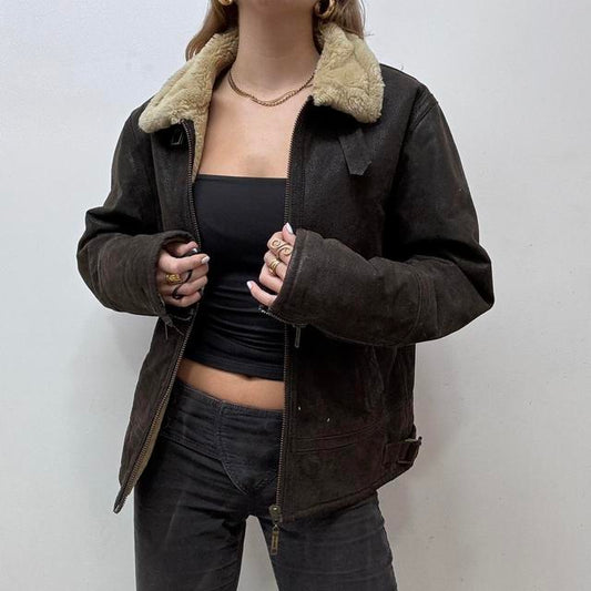 Brown leather suede aviator jacket