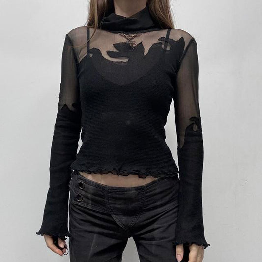Black sheer mesh layered ruffle shirt