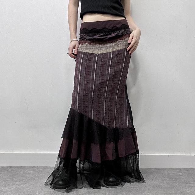 Grunge layered patchwork pinstripe maxi skirt