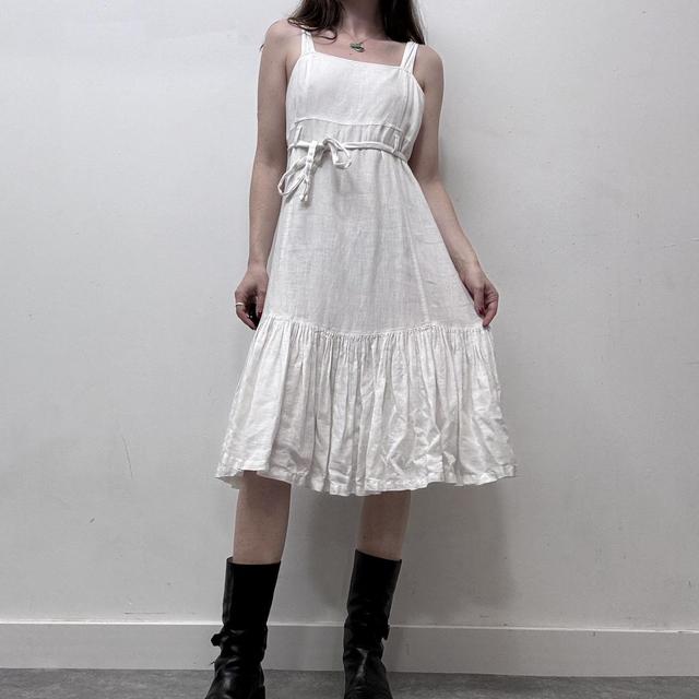 White linen pleated midi dress