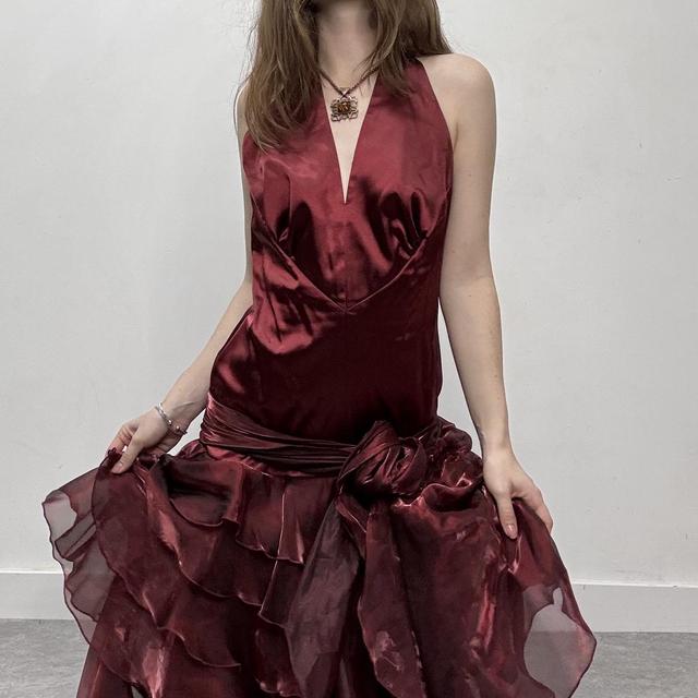 Silky ruffle burgundy satin puffy dress