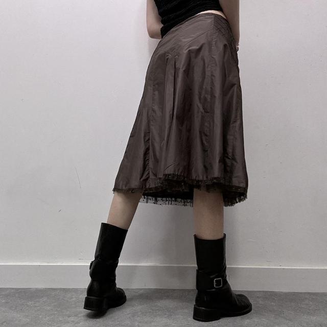 Brown satin mesh midi skirt