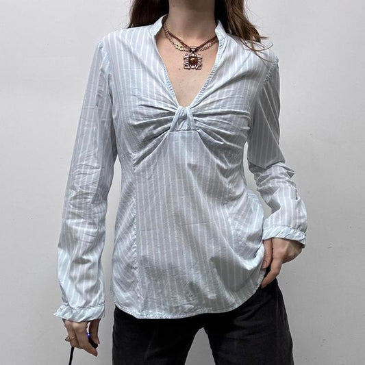 Blue pinstripe flared office shirt