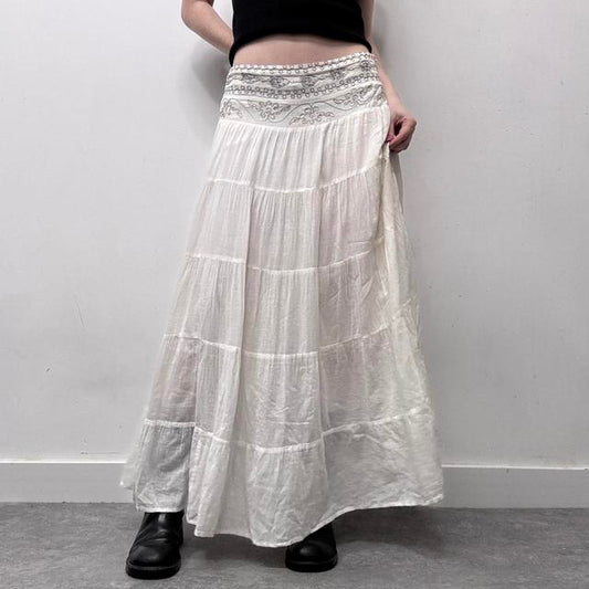 White flared embroidered maxi skirt