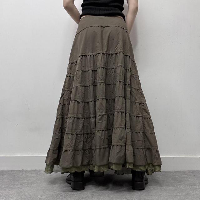 Khaki layered flared maxi skirt