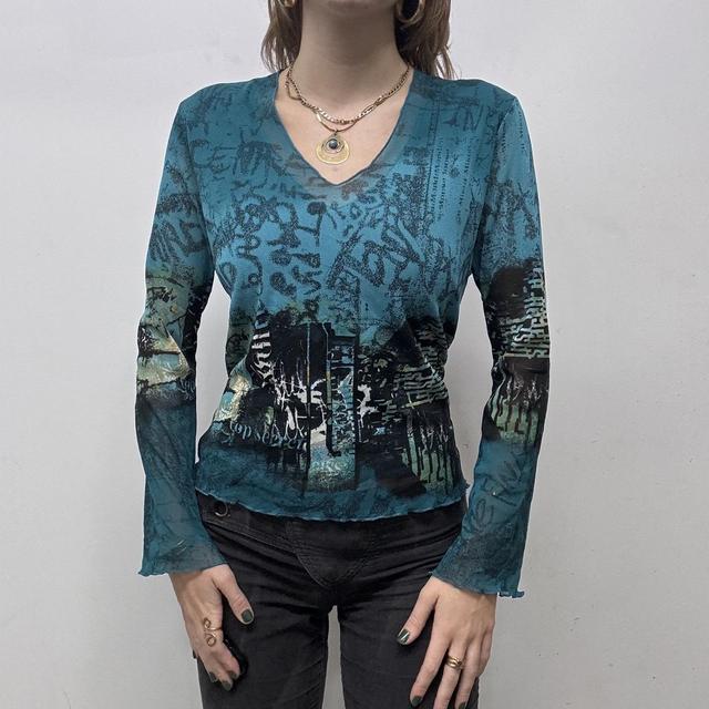 Graphic mesh printed grunge top