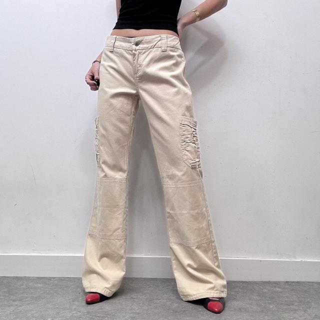 Beige flared ruched pocket jeans