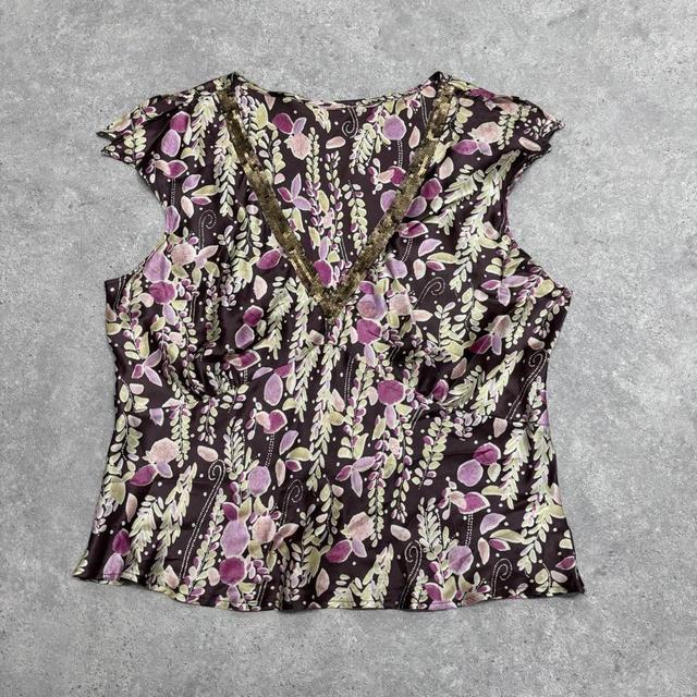 Brown floral printed silk fairy top