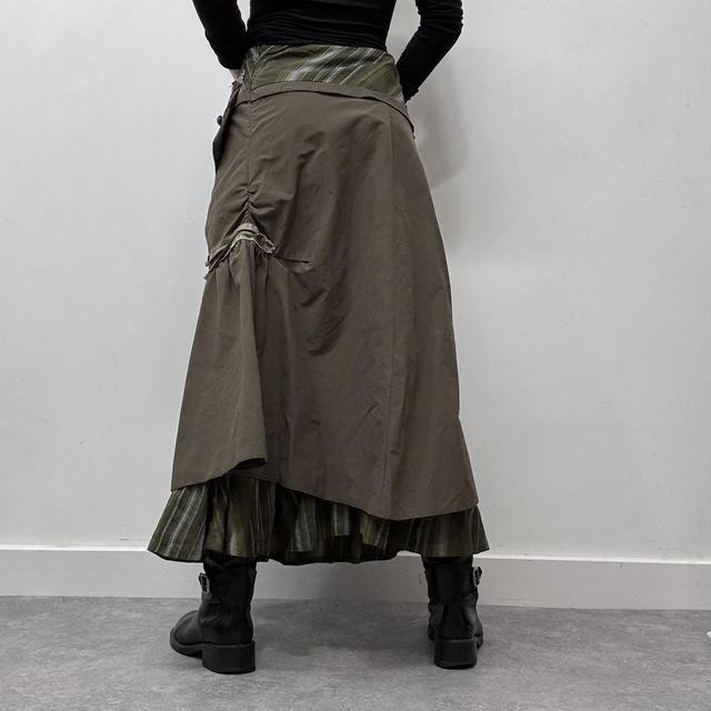 Khaki pinstripe asymmetric layered maxi skirt