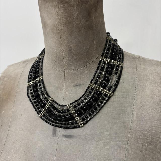Oversized black beaded collar necklace