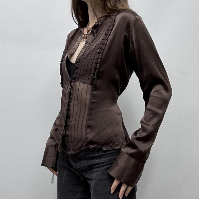 Brown sheer silk pinstripe ruffle shirt