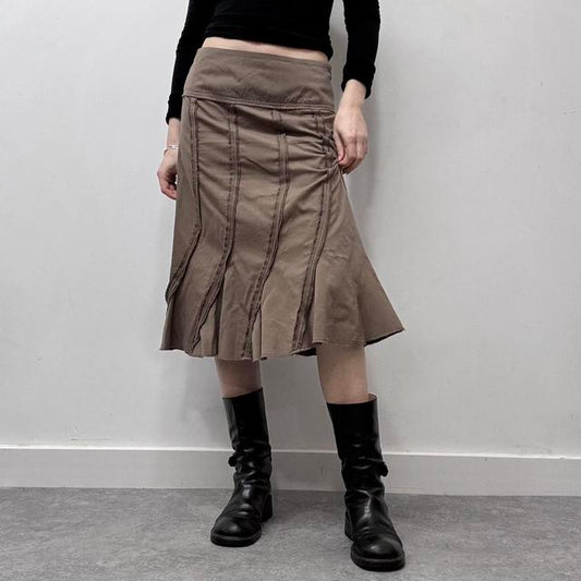 Flared tan striped midi skirt