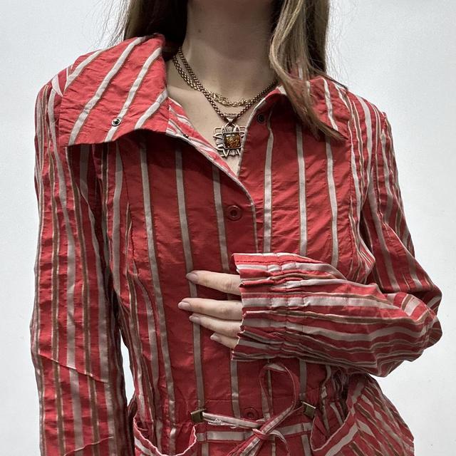 Red pinstripe fitted shirt jacket