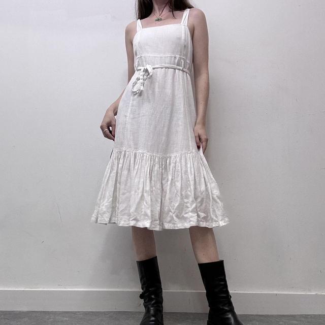 White linen pleated midi dress