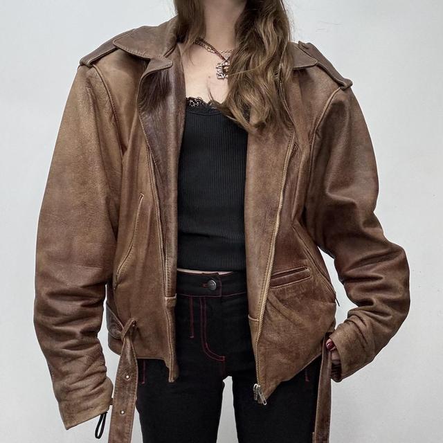 Brown leather slouchy biker jacket